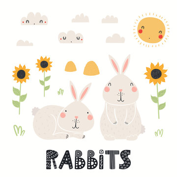 Cute funny rabbits, farm landscape with sunflowers, isolated on white. Hand drawn vector illustration. Scandinavian style flat design. Concept kids fashion, textile print, poster, card, baby shower.