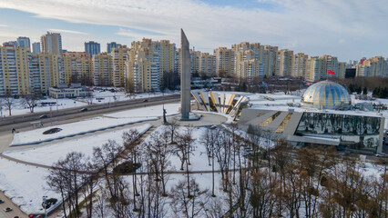 Aerial view of monument Near Building Museum Of The Great Patriotic War In Minsk in wintertime.