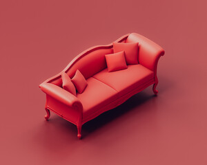 Monochrome single color red sofa in red room, isometric single red couch. 3d rendering