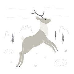 Cute cartoon reindeer, northern landscape, isolated. Hand drawn vector illustration. Winter animal character. Arctic wildlife. Design concept for kids fashion, textile print, poster, card, baby shower
