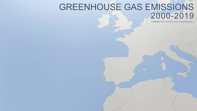 Greenhouse gas emissions in Spain from 2000 to 2019. Values in tonnes per capita (CO2 equivalent). Source data: Eurostat. 3D rendering loop able video with 4K resolution.
