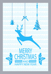 Blue paper card decorated by deer and leaves with berries, lines and points. Simple congratulation postcard with Merry Christmas and Happy New Year vector