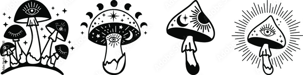 Wall mural Celestial Mystical boho mushrooms, magic mushroom with moon and stars, witchcraft symbol, witchy esoteric objects, floral mystical elements fungi, fungus. Witchy tattoos. Esoteric clipart