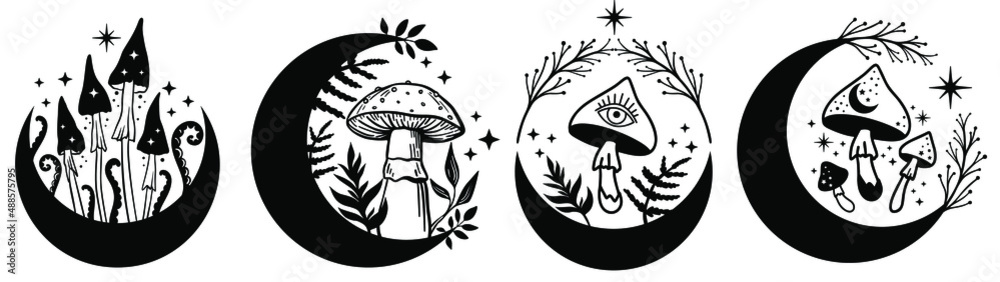 Wall mural Celestial Mystical boho mushrooms, magic mushroom with moon and stars, witchcraft symbol, witchy esoteric objects, floral mystical elements fungi, fungus. Witchy tattoos. Esoteric clipart