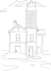 Lighthouse. Vector sketch. Ancient architecture. Cape, Norwegian fjords