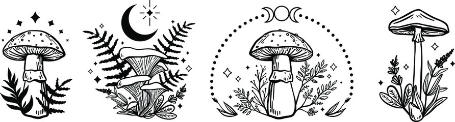Fototapeta Celestial Mystical boho mushrooms, magic mushroom with moon and stars, witchcraft symbol, witchy esoteric objects, floral mystical elements fungi, fungus. Witchy tattoos. Esoteric clipart obraz