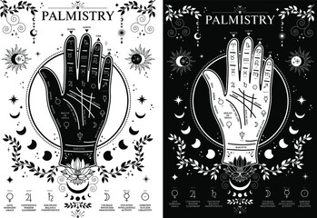 Palmistry hand, Vintage Fortune Teller Hand with Palmistry diagram. illustration with mystic and occult hand drawn symbols. Vector illustration. Halloween, astrological and esoteric concept.
 - obrazy, fototapety, plakaty