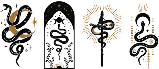 Boho mystical snakes with moon, sun, stars magic and floral elements in trendy occult style. esoteric serpent with mystical magic objects for tattoo, t-shirt, prints. Celestial Spiritual occultism