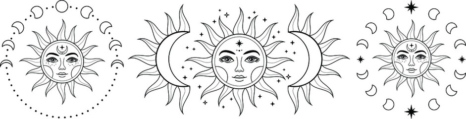 Boho Sun and moon. Hand drawn celestial elements. Sun, crescent moon with moon phases. Celestial design. Symbols of magic witchcraft and alchemy. Boho mystical tattoo. Witchy trendy illustrations