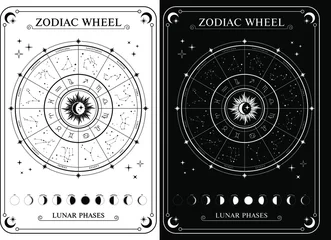 Zodiac Wheel, horoscope symbols with Sun and moon. Zodiac circle with twelve signs and constellations. astrology, prediction of the future. © Юлия Мальцева