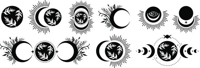 Set of floral crescent moon. Triple moon with botanical elements. Moon phases with floral elements. phases of the moon Bohemian illustration. Vector illustration for trendy t-shirt design. Tattoo © Юлия Мальцева