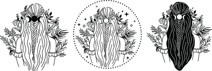 Magic celestial flowers, Plant Green Witch flowers, Trendy Witchy illustrations with Celestial flower iris lilies and moon stars magic elements. Botanical Green Witch Aesthetic, Witchcraft and gardeni