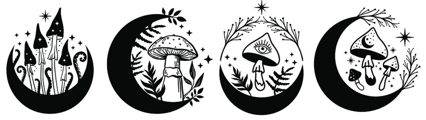 Celestial Mystical boho mushrooms, magic mushroom with moon and stars, witchcraft symbol, witchy esoteric objects, floral mystical elements fungi, fungus. Witchy tattoos. Esoteric clipart