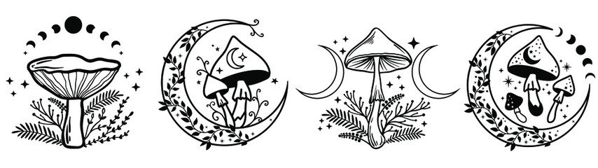 Celestial Mystical boho mushrooms, magic mushroom with moon and stars, witchcraft symbol, witchy esoteric objects, floral mystical elements fungi, fungus. Witchy tattoos. Esoteric clipart © Юлия Мальцева