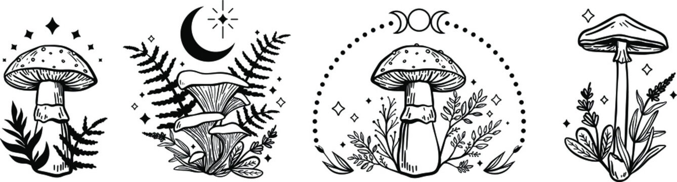 Celestial Mystical boho mushrooms, magic mushroom with moon and stars, witchcraft symbol, witchy esoteric objects, floral mystical elements fungi, fungus. Witchy tattoos. Esoteric clipart