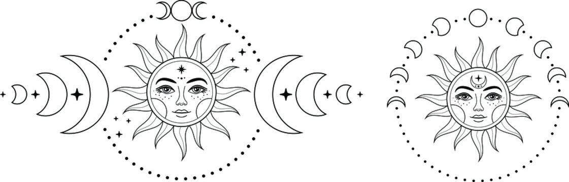 Boho Sun and moon. Hand drawn celestial elements. Sun, crescent moon with moon phases. Celestial design. Symbols of magic witchcraft and alchemy. Boho mystical tattoo. Witchy trendy illustrations