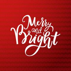 Merry Christmas and Happy New Year festive greetings, calligraphic prints, winter season wishes. Handwritten text on Xmas, lettering in ornament wreath on red. Merry and Bright text