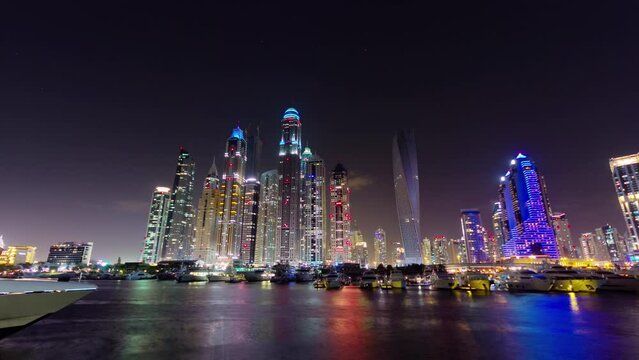 night illumination dubai marina palm panorama 4k time lapse uae