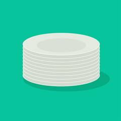 Plate or dishes stack pile vector or clean set of empty porcelain dishware or white utensil flat cartoon illustration isolated on color background, restaurant tableware empty blank
