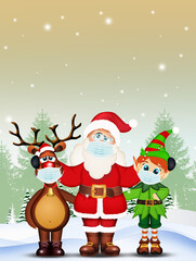 Santa Claus, reindeer and elf with surgical mask