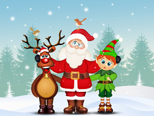 Santa Claus, reindeer and elf
