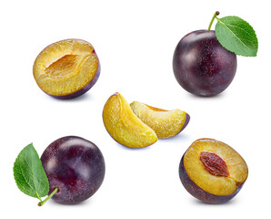 Plum with leaf isolated on white background