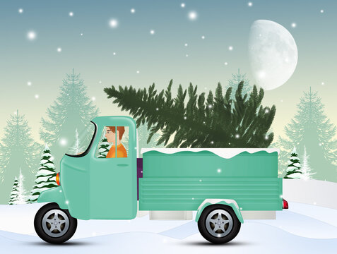 illustration of man loads the christmas tree on the pickup truck