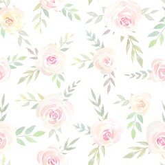Delicate natural floral watercolor seamless pattern with roses. Botanical illustration
