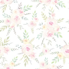 Delicate natural floral watercolor seamless pattern with roses. Botanical illustration