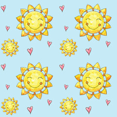Spring, summer pattern with sun and hearts. Watercolor ornament.