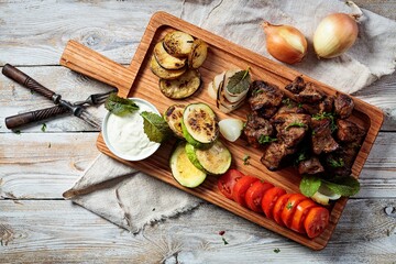 Grilled meat with vegetables and herbs. Appetizing fried meat, tomatoes, zucchini, potatoes and onions. Top view. Copy space