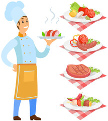 Best chef logo Man holds plate with ready-made meal. Restaurant service, breakfast or dinner dish vector. Kitchener serving dish from chef, food at cafe. Male character with hot meat on plate