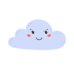 Cute blue cloud is smiling isolated on a white background. Cartoon vector illustration.