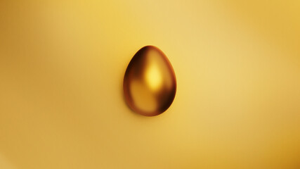 Golden easter egg on gold foil background from above. Minimal flat lay greeting card with luxury...