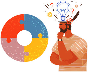 Human head open with color question mark, gear, light bulb. Man creates new idea, dealing with puzzle. Violent brain activity, creating optimal solution. Guy thinking about pieces of puzzle
