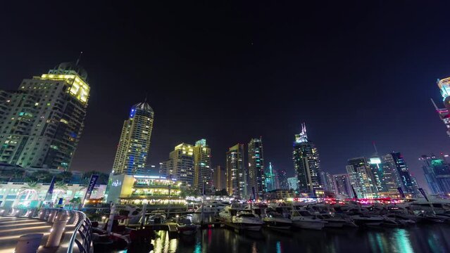 night illumination dubai marina famous dock panorama 4k time lapse uae