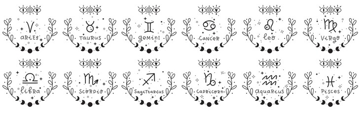 Zodiac astrology horoscope design vector illustrations set. esoteric zodiacal horoscope templates