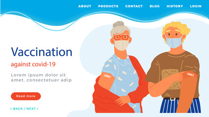 Stop coronavirus agitation concept. Vaccination promo, immunization of workers. Vaccine saves lives. People wearing protective mask showing their arm with bandage after receiving covid-19 vaccine