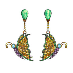 Jewelry design art vintage mix butterfly gem silver and  goldearrings. Hand drawing and painting on paper.
