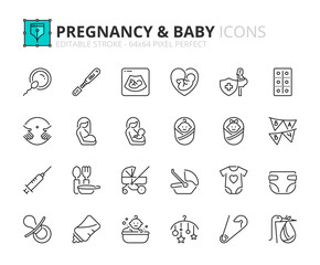 Simple set of outline icons about pregnancy and baby. - 488578938