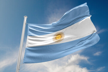 Argentinian Flag is Waving Against Blue Sky