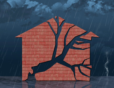 Storm damage to a home is the theme of this image. A brick home is shattered into the shape of a storm damaged tree as a storm rages in the background.