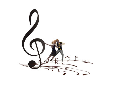 Abstract musical design with dancers, treble clef and musical waves, piano notes. Hand drawn vector illustration.