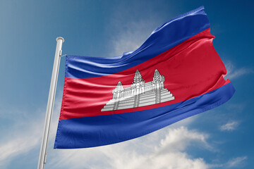 Cambodia Flag is Waving Against Blue Sky