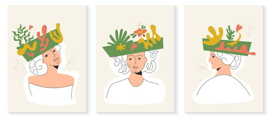 Fototapeta premium Greek woman abstract contemporary aesthetic vector linear illustration. Eco girl with green mind, matisse style minimalist art poster. Spring wellness, International women day card, feminine print set