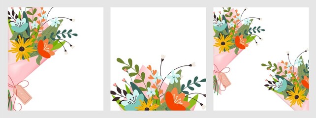 Set of vector templates with bouquets of flowers and leaves on a transparent background