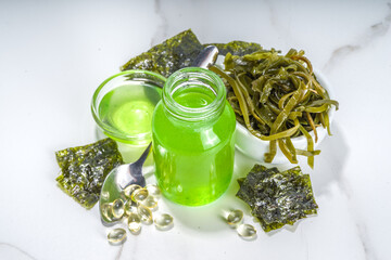 Algae based Oil, Seaweed alternative vegan oil, monounsaturated healthy fat ingredient with Algae Seaweeds © ricka_kinamoto