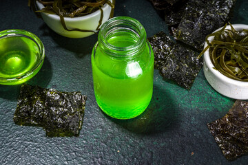 Algae based Oil, Seaweed alternative vegan oil, monounsaturated healthy fat ingredient with Algae Seaweeds © ricka_kinamoto