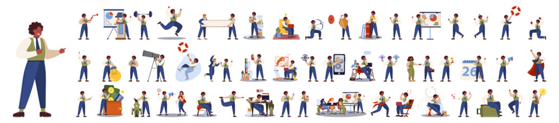 Businessman character set. Poses and meeting, data and hero. Character