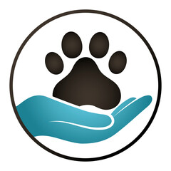 Grooming and pet care. Pet paw symbol in hand